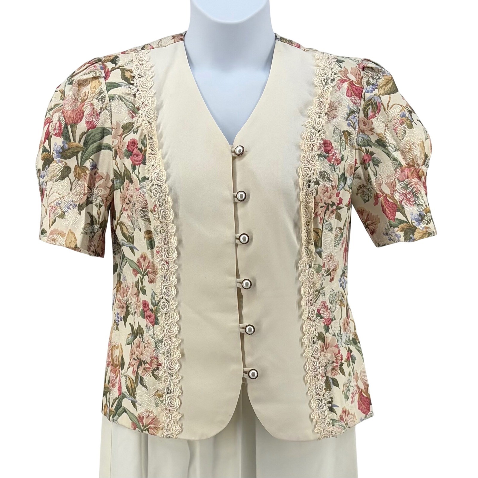 Skirt Suit Women 10/12P Cream Floral Tapestry Lace Vintage USA Made Cottagecore