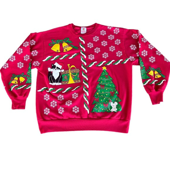 VTG Christmas Sweatshirt Cat Mouse Holiday Time Puffy Graphic Crewneck Med Red