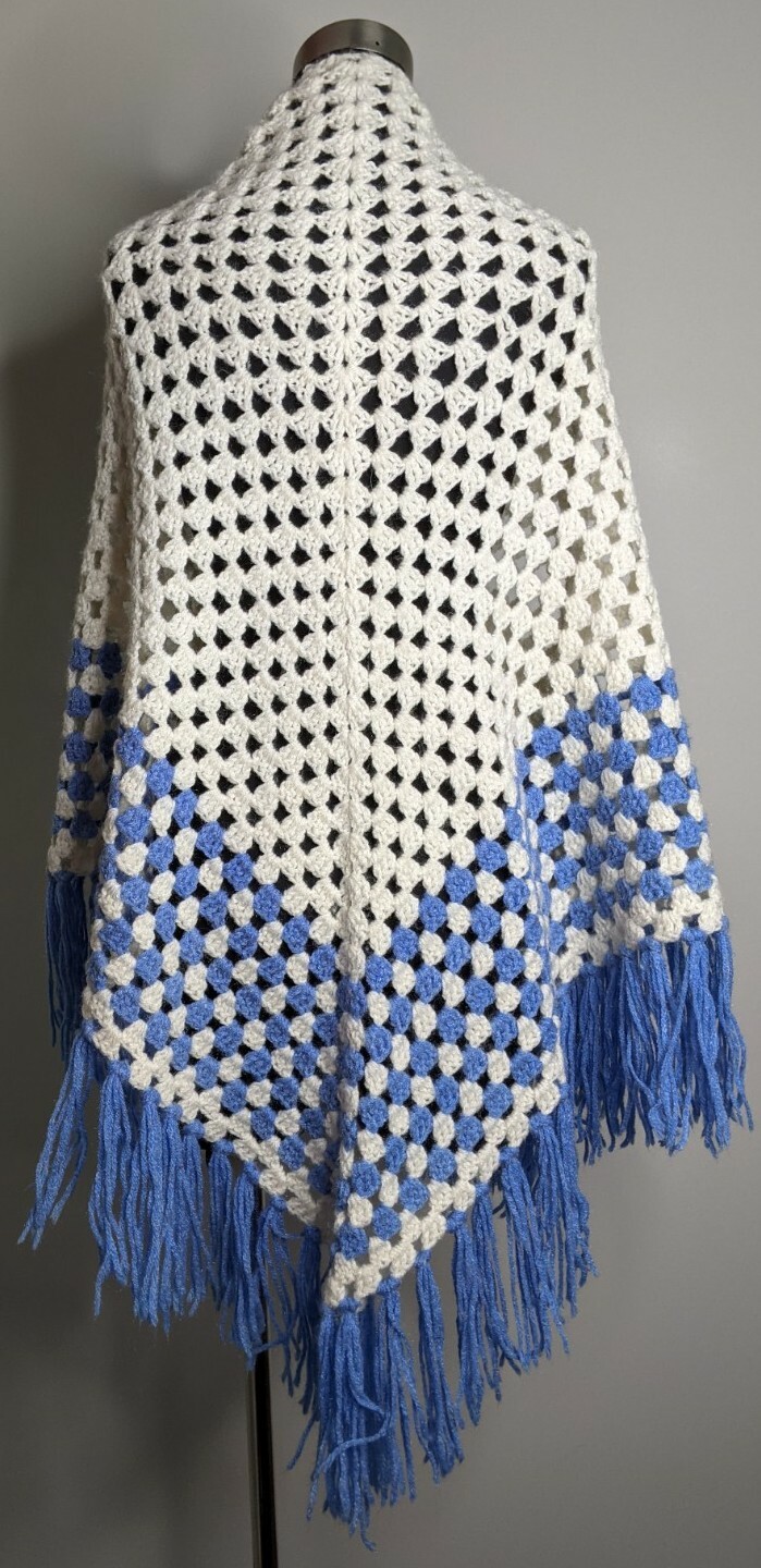Handmade Knit Shawl Hippie Boho Poncho Sweater Cape Fringe Cottage Granny Core