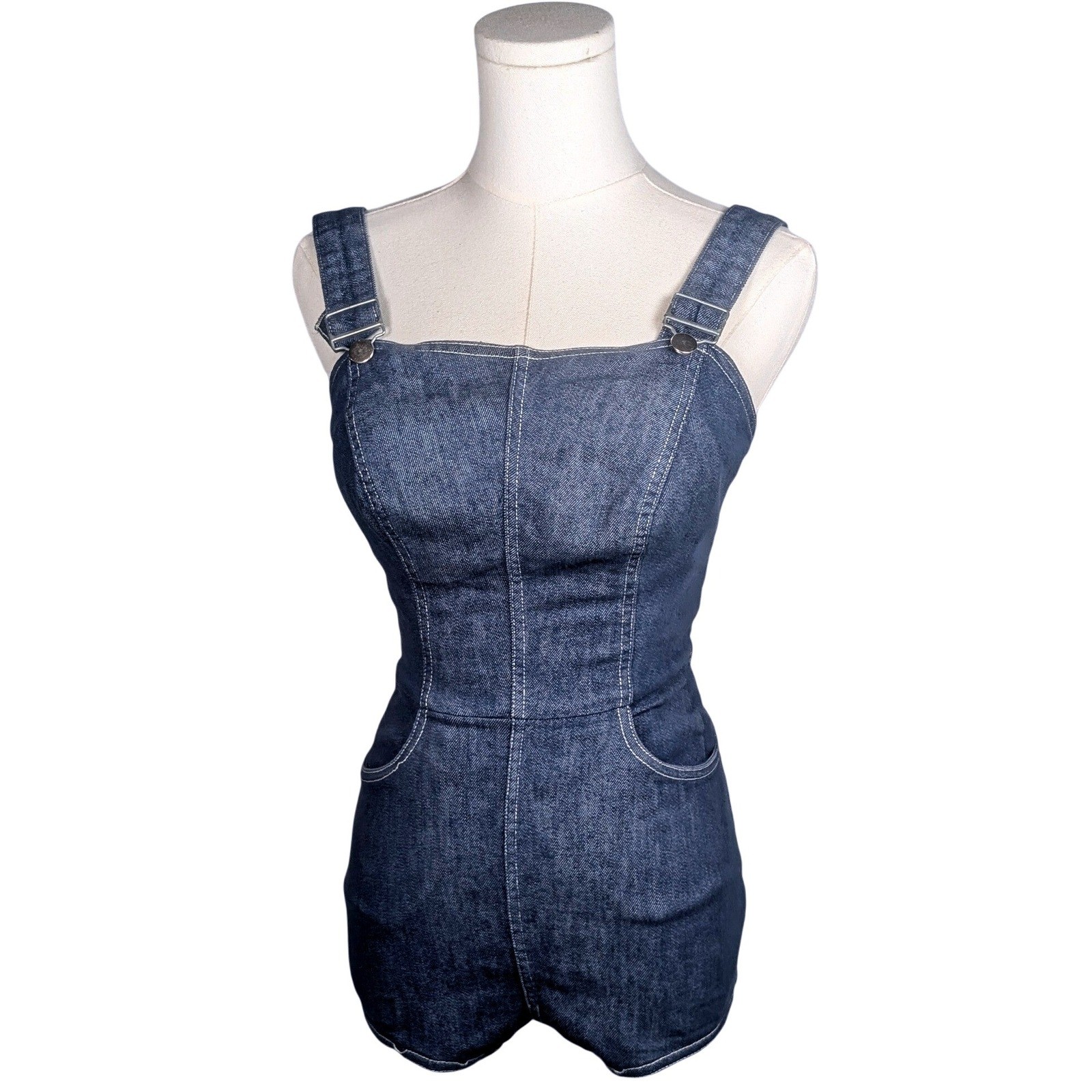 Vintage 50s Dark Wash Denim Pinup Romper Overall Bodysuit Playsuit Rockabilly XS