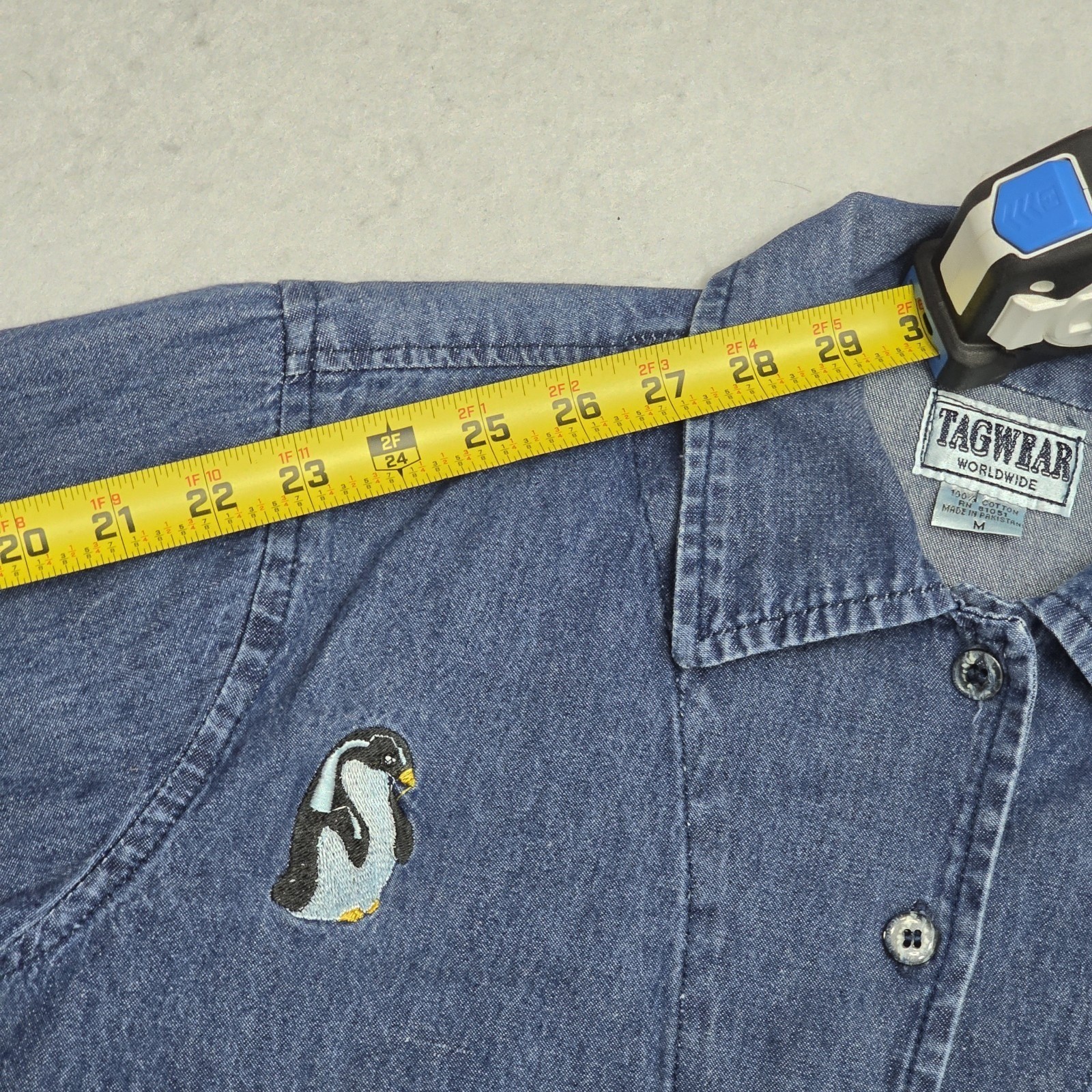 Tagwear Worldwide Vintage Blue Denim Penguin Embroidered Button Down Shirt Med