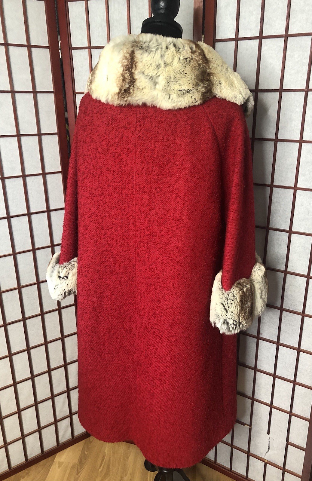 Vintage 1950s Red Nubby Boucle Swing Rockabilly Fur Trim Coat Med/Large