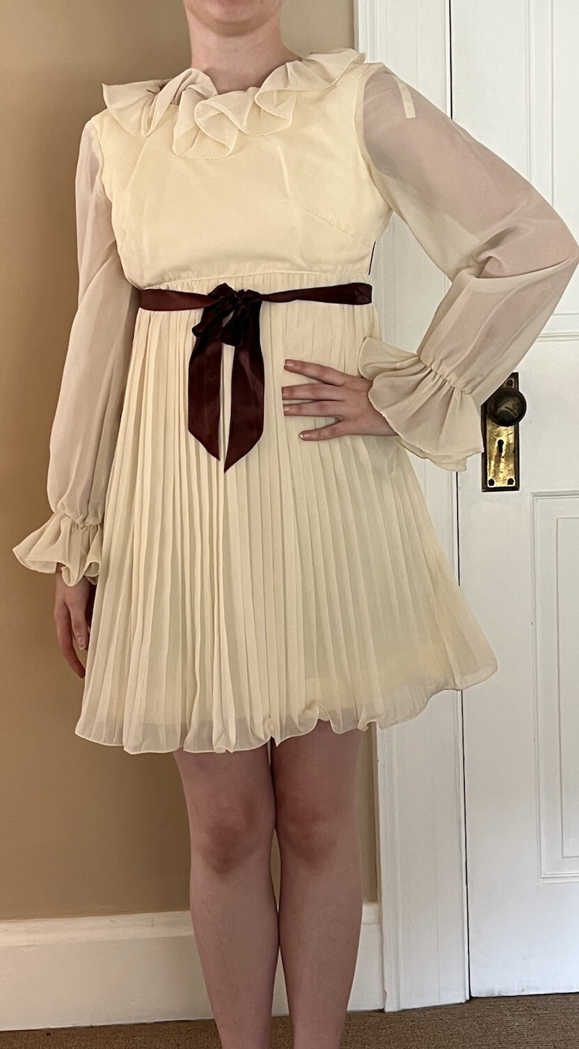 Vintage 60s Petites By Suzy New York Cream Chiffon Baby Doll Dress Size Small