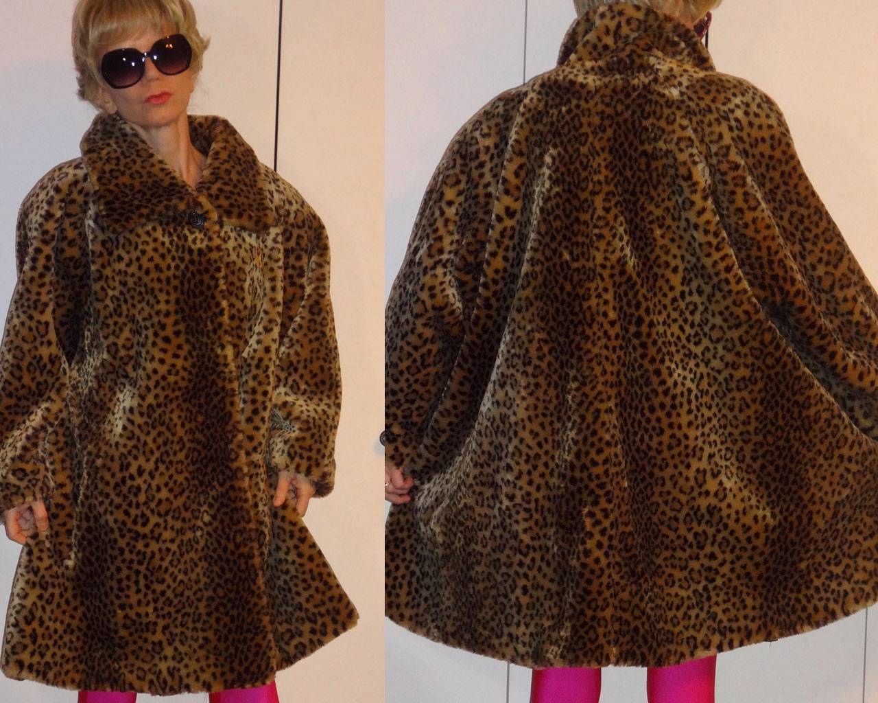 VTG DONNYBROOK LEOPARD CHEETAH PLUSH FAUX-FUR SWING COAT BATWING DOLMAN SLEEVE M