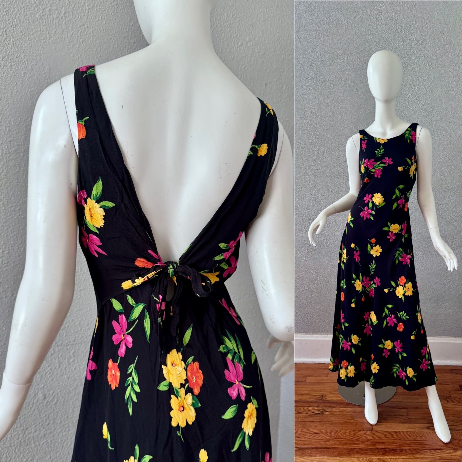 Vintage 90s Black Floral Femme Rayon Maxi Sun Dress M
