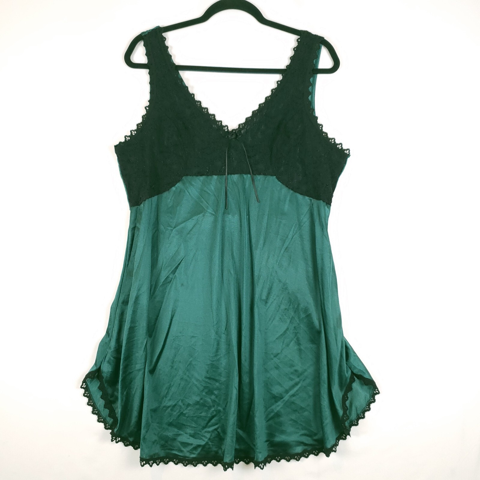 Vintage Nylon Slip Dress Womens XL Hunter Green Lace Trim Unbranded No Tag