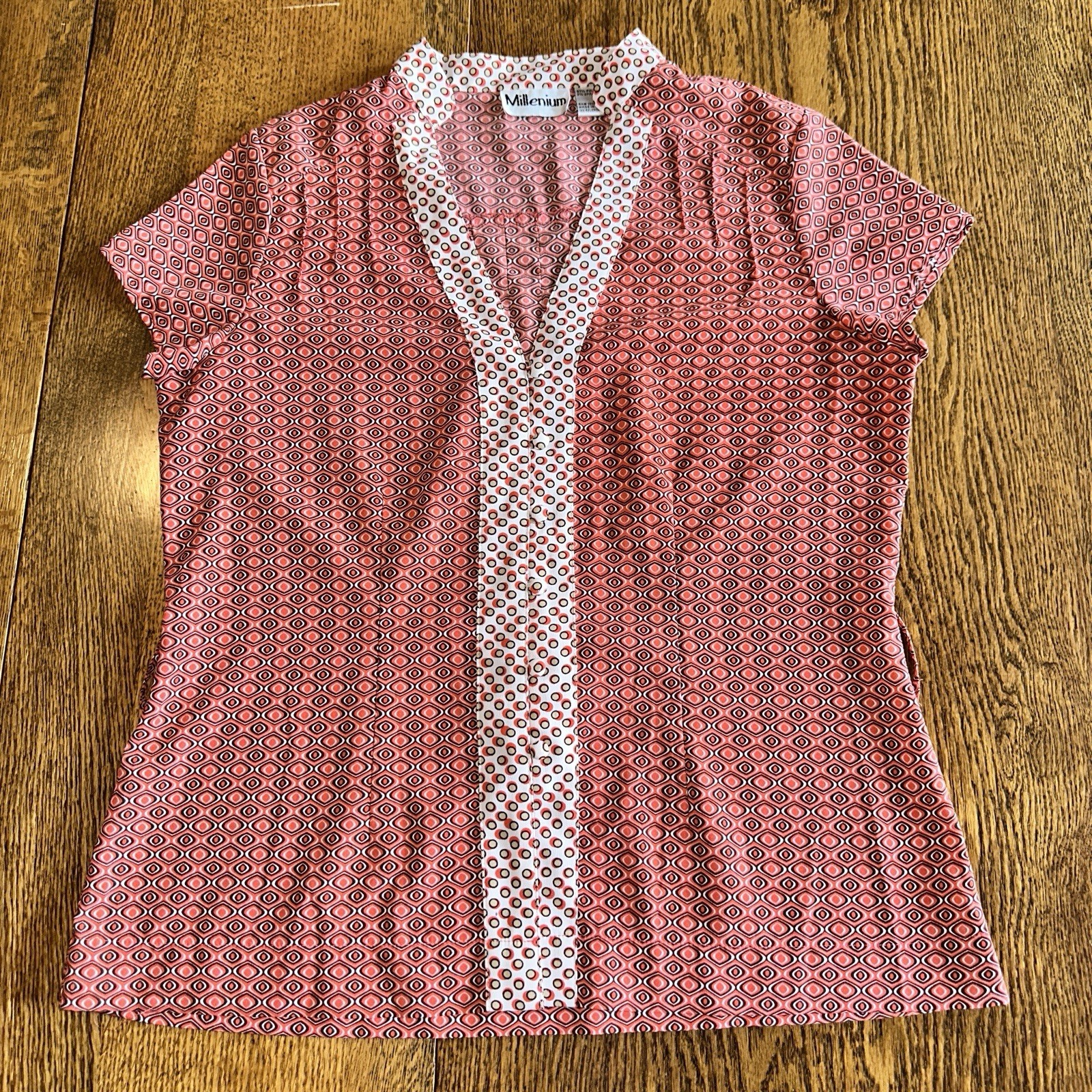 Vtg 90s Y2K Top Shirt Millenium Orange Geometric Medium Hippie Boho Chic Retro