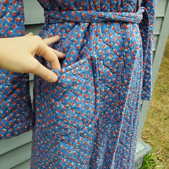 Vintage 70s Handmade Blue Red Apple Quilted Belted Housecoat Robe Trench Coat