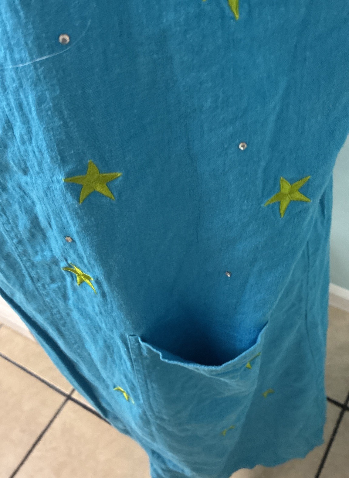 Vintage Quaker Factory Large Aqua Blue Celestial Linen/ Rayon Dress Pocket