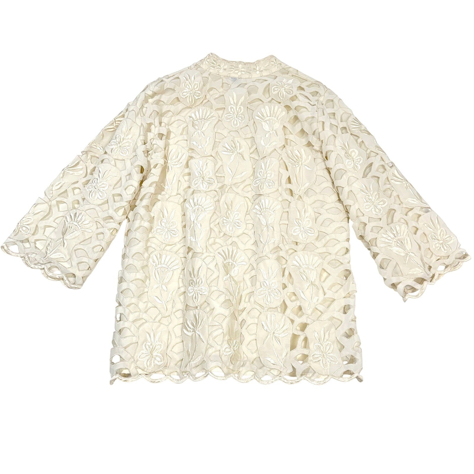 VTG Foreign Look Cream Floral Cutout 70s Retro Embroidered Blouse Top L Ivory