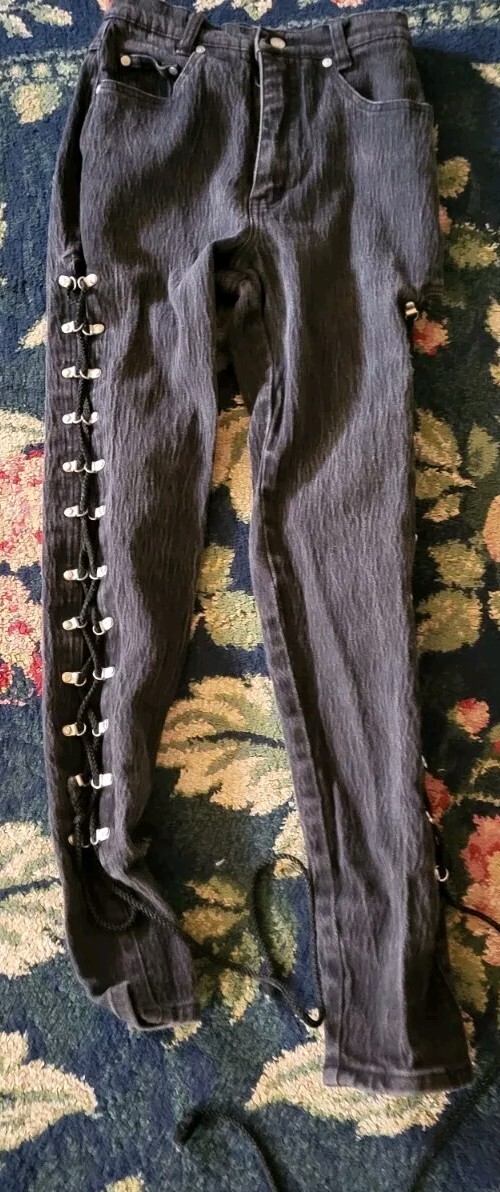 VTG L.A. Blues black denim womens XS S jeans custom punk corset lace up legs HOT