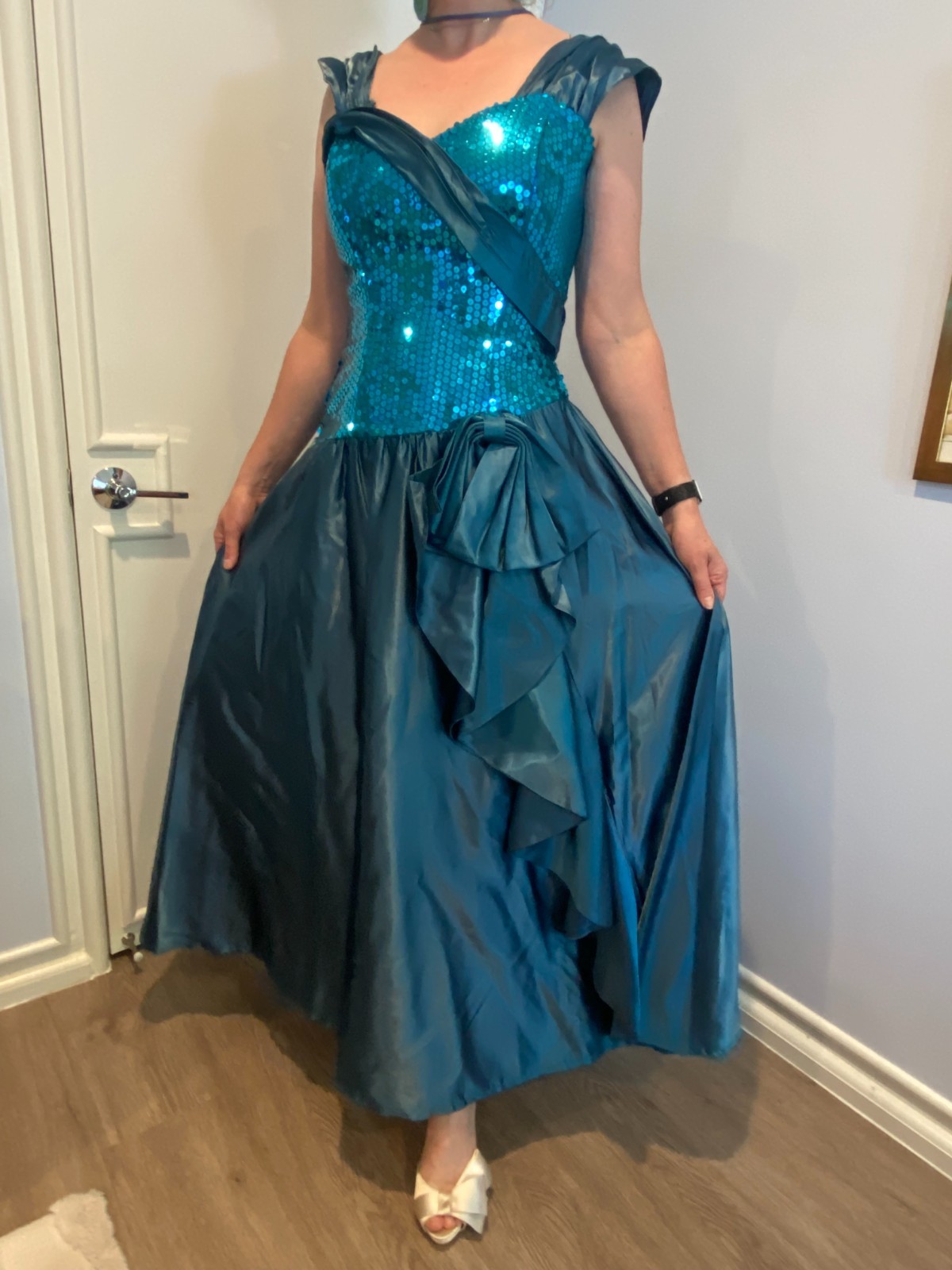 Stunning Vintage 80s Prom Dress Teal Sequin and satin with black crinoline