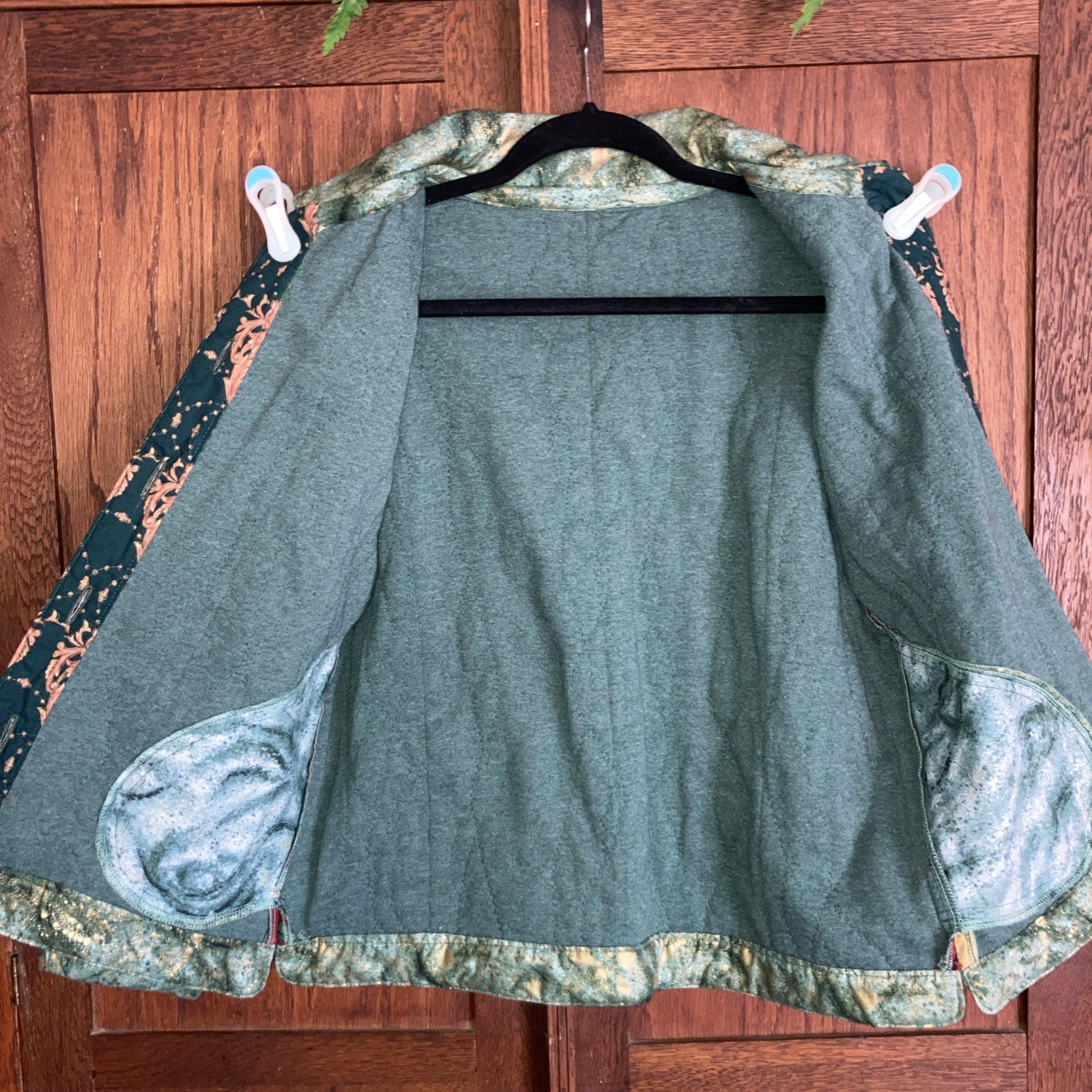 Vtg Womens Patchwork Quilt Jacket Handmade Small Pockets Red Green Gold Buttons