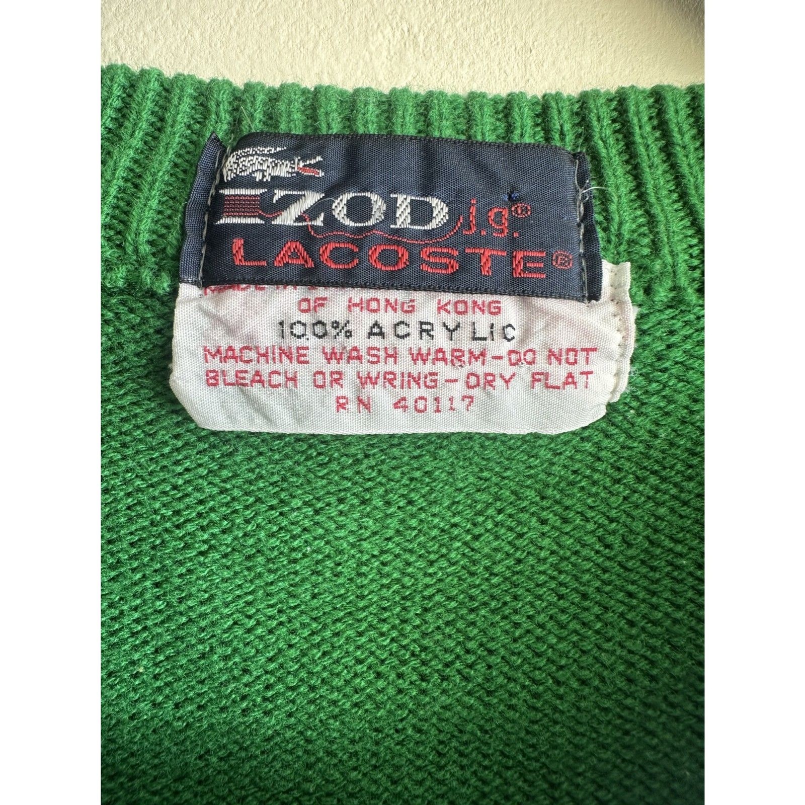 Vintage 80’s Izod Lacoste Sweater Small Fitted Green Cable Knit Preppy V Neck