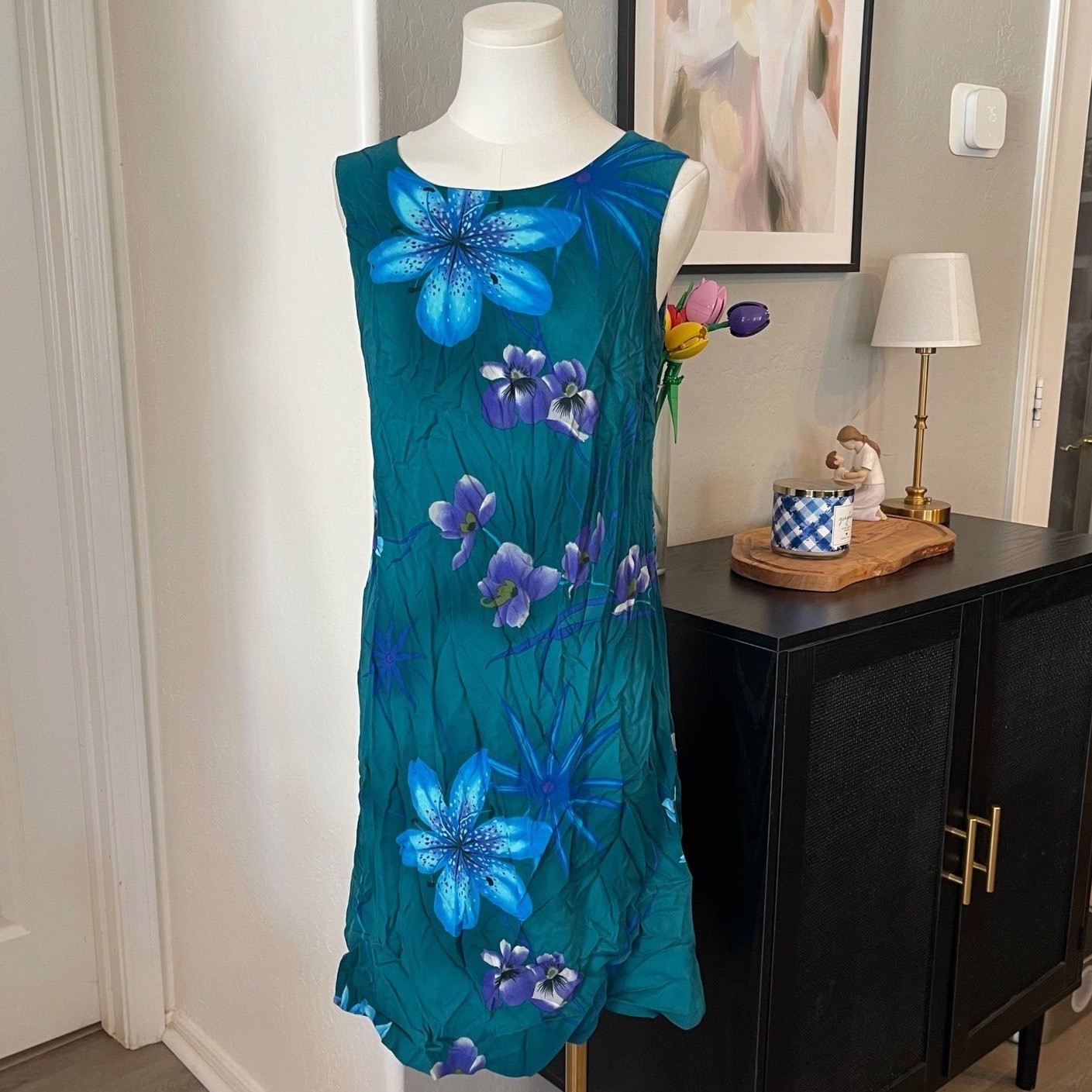 Vintage Hawaiian Teal blue tropical dress
