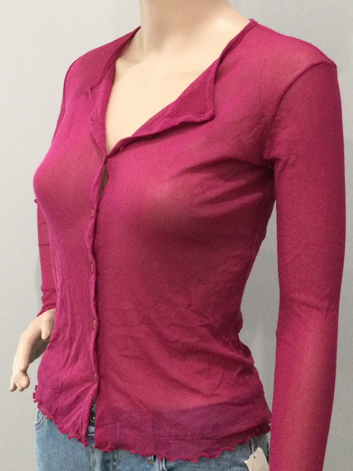 Vintage Hanky Panky NWT Sheer Mesh Cardigan Pink Button Front Lettuce Hem S Y2K