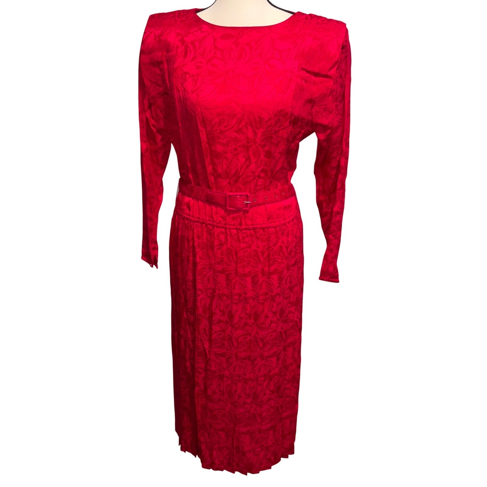 Vintage Silk Jacquard Midi Dress 80s Mob Wife Women 10P Red Argenti Petites