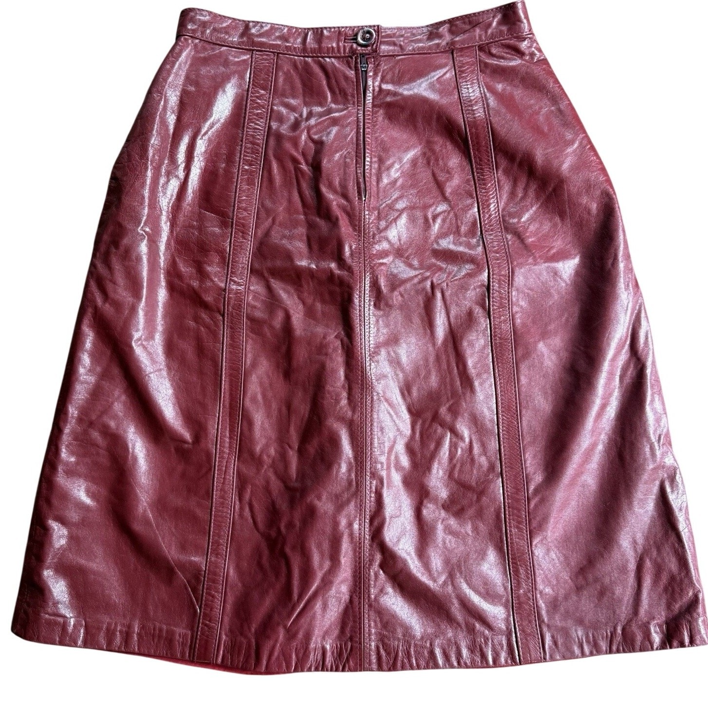 Vintage 70s Montgomery Ward Leather Skirt 17 18 Plus Wine Red Midi A Line