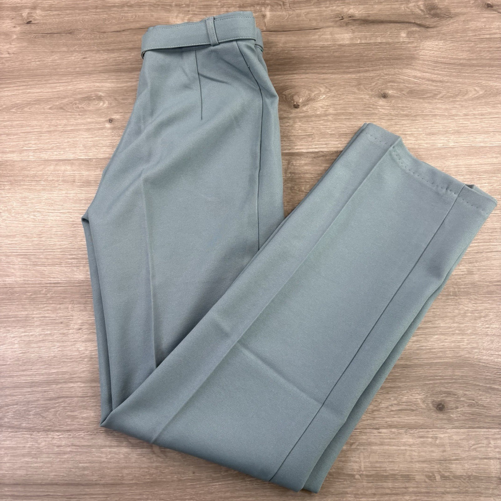 Vintage 70s Happy Legs Wide Leg Pants Belted High Waist Seafoam Green 25×33.5