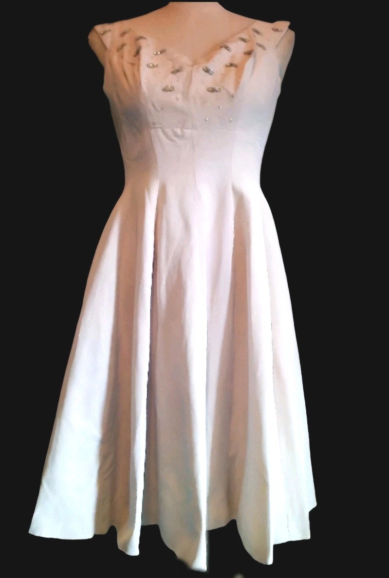 VTG 1950s Cocktail Dress Faille Fit To Flair w/ Full Circle Skirt Beaded Top XXS