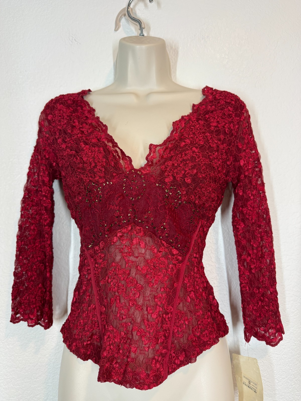 Vintage Ann Ferriday Red Corset Top Blouse Lace Beaded Rare Romantic Y2K Small