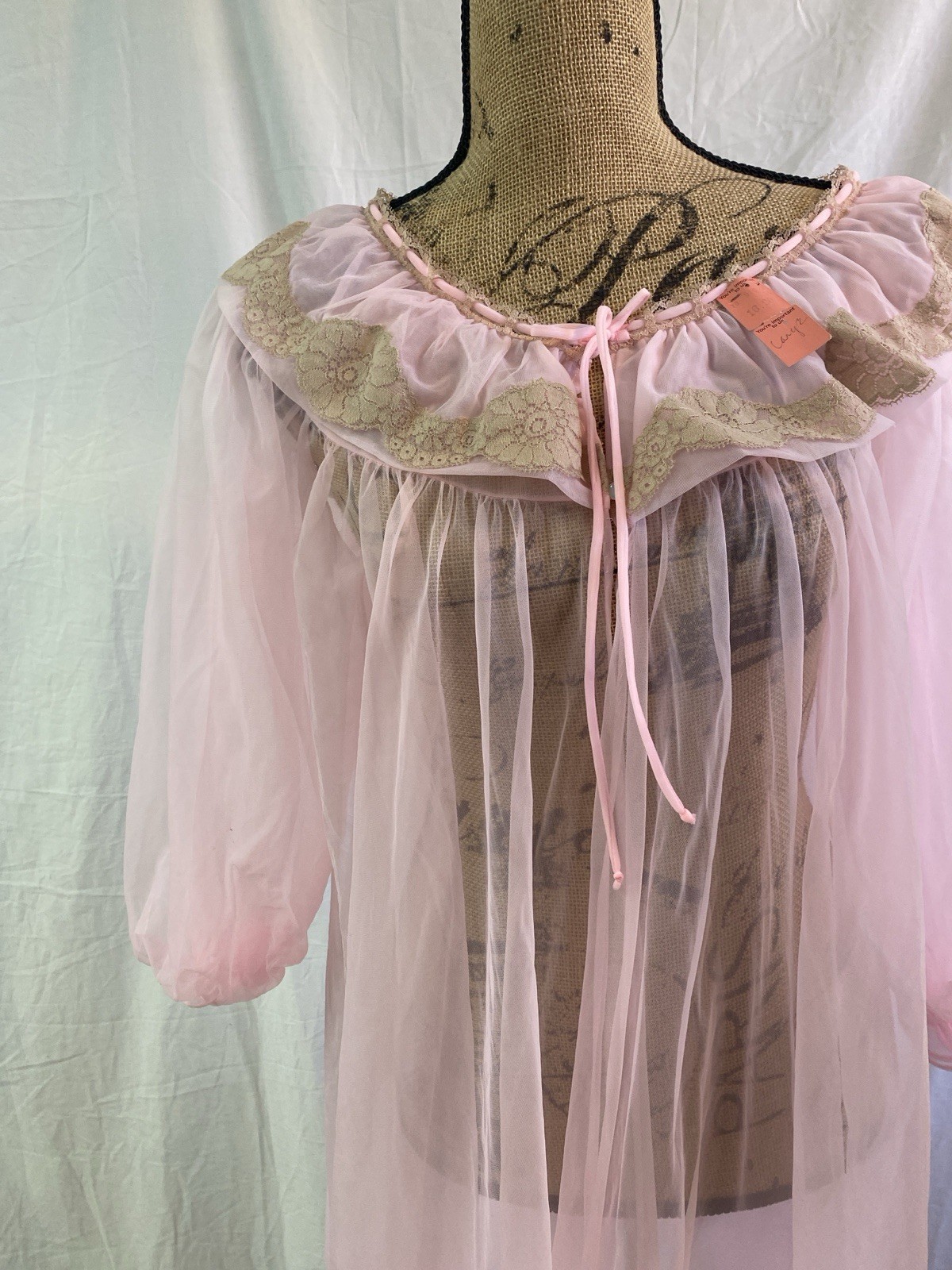 Vintage Lisette Chiffon Pink Lace Trim Sheer Peignoir Robe Large New Old Stock