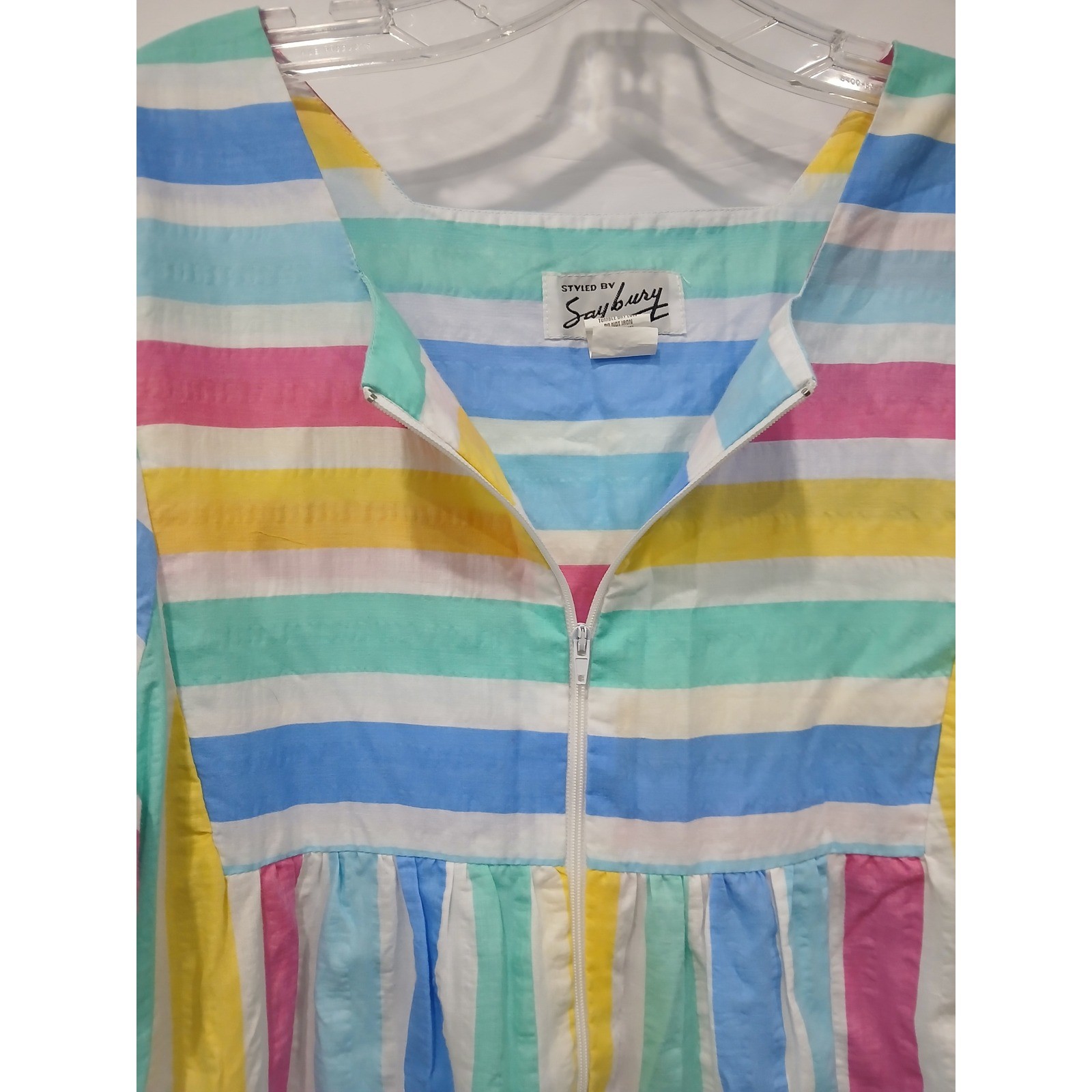 Vintage 80s Styled by Saybury Rainbow Pastel Stripe House Dress Muumuu M