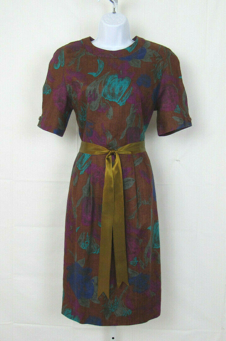 VTG 1970s 80s JG HOOK LINEN DRESS SIZE 10 RIBBON BELT LINED KEY HOLE BACK
