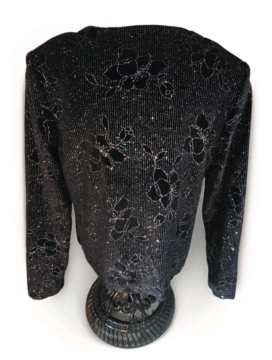 VTG Moonlighting Womens Black Velvet Tank Top With Glitter Flower Jacket Sz M