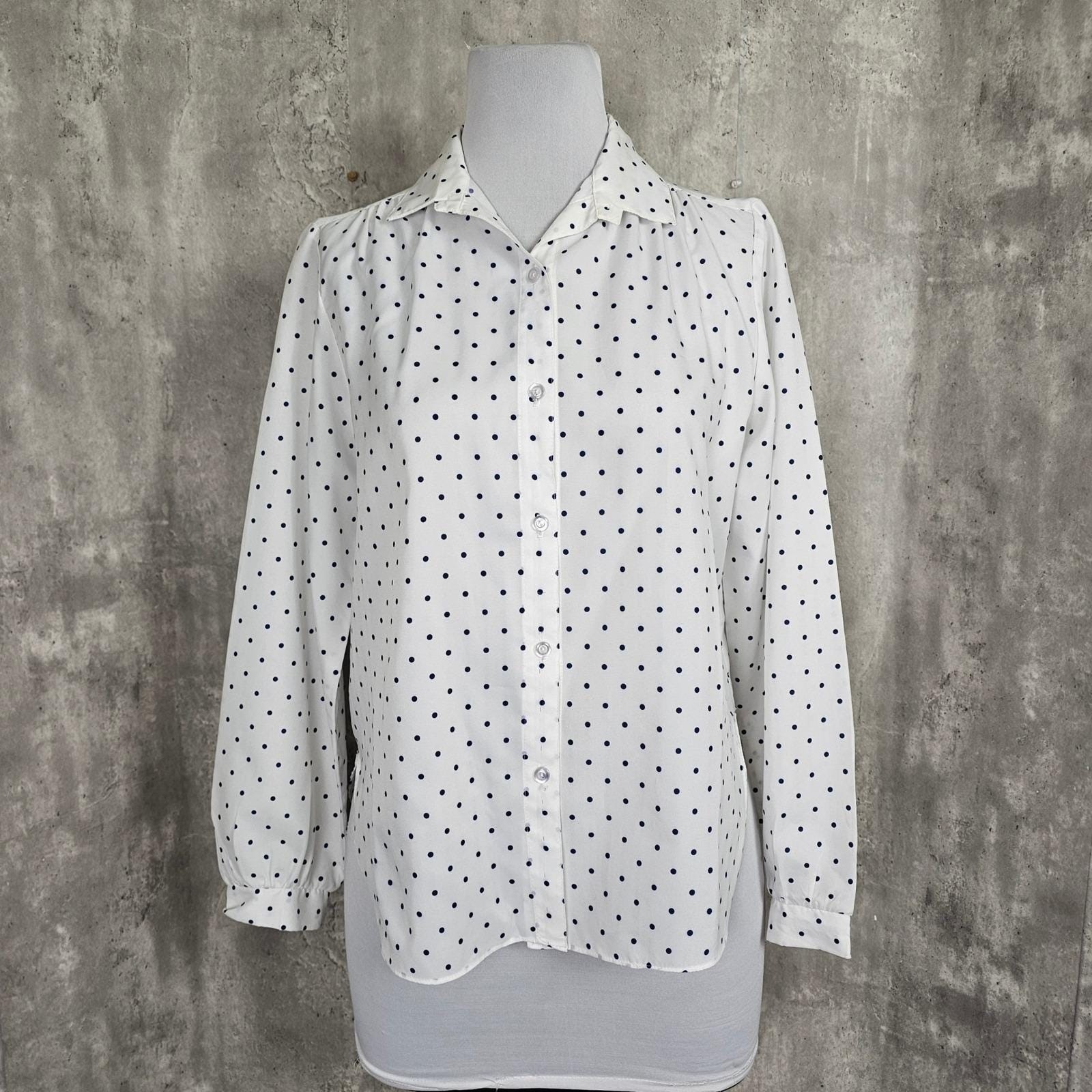 Vintage 80s 90s Lori of California L/XL Navy White Polka Dot Blouse Chic Casual