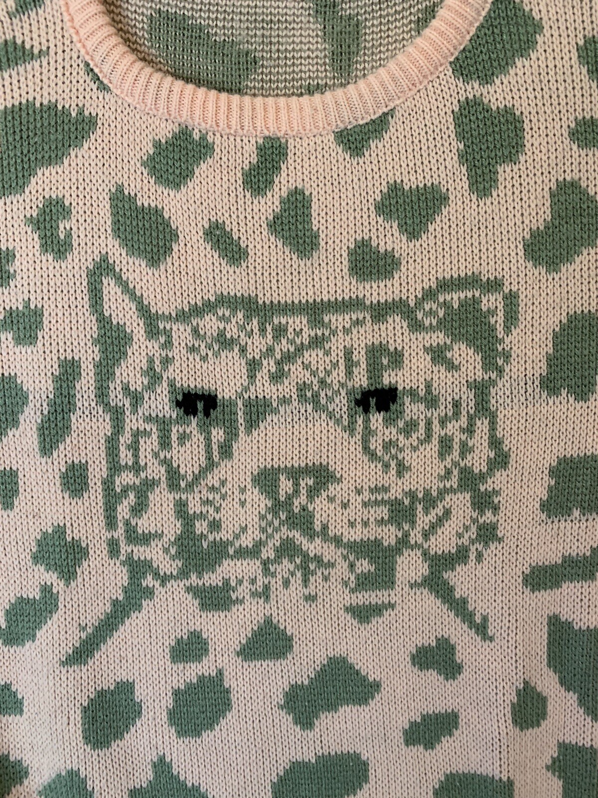 Vintage 80s Precious Knits Leopard Sweater Long Sleeve Pink Green Unmarked FLAW