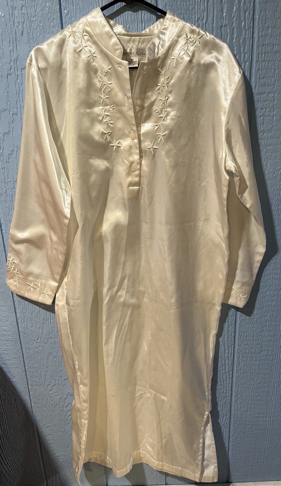 Vtg Claire’s Rose Poly Satin Maxi Long White Night Gown Robe Embroidery Sz Med