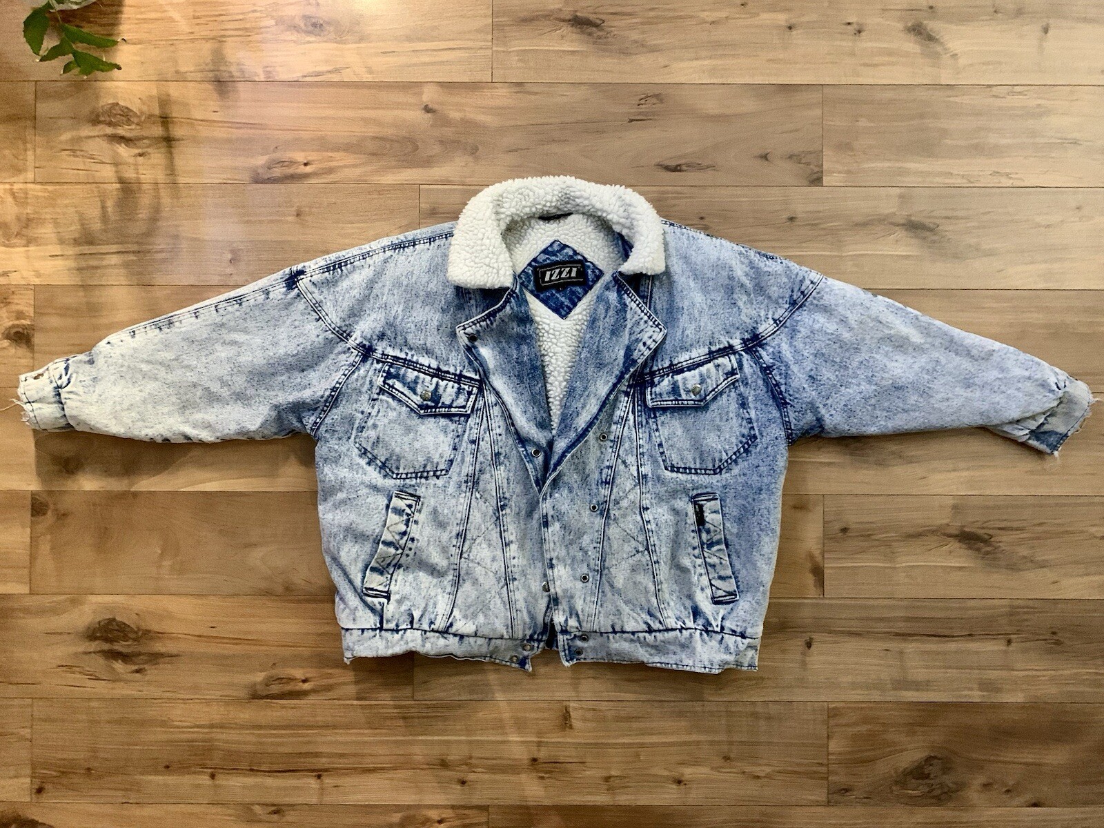 Izzi Vintage Sherpa Lined Acid Washed Jean Jacket, Collared w/ Offset Closure
