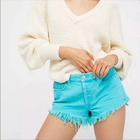 We The Free High Waisted Turquoise Jean Shorts 27 Boho Festival Raw Hem