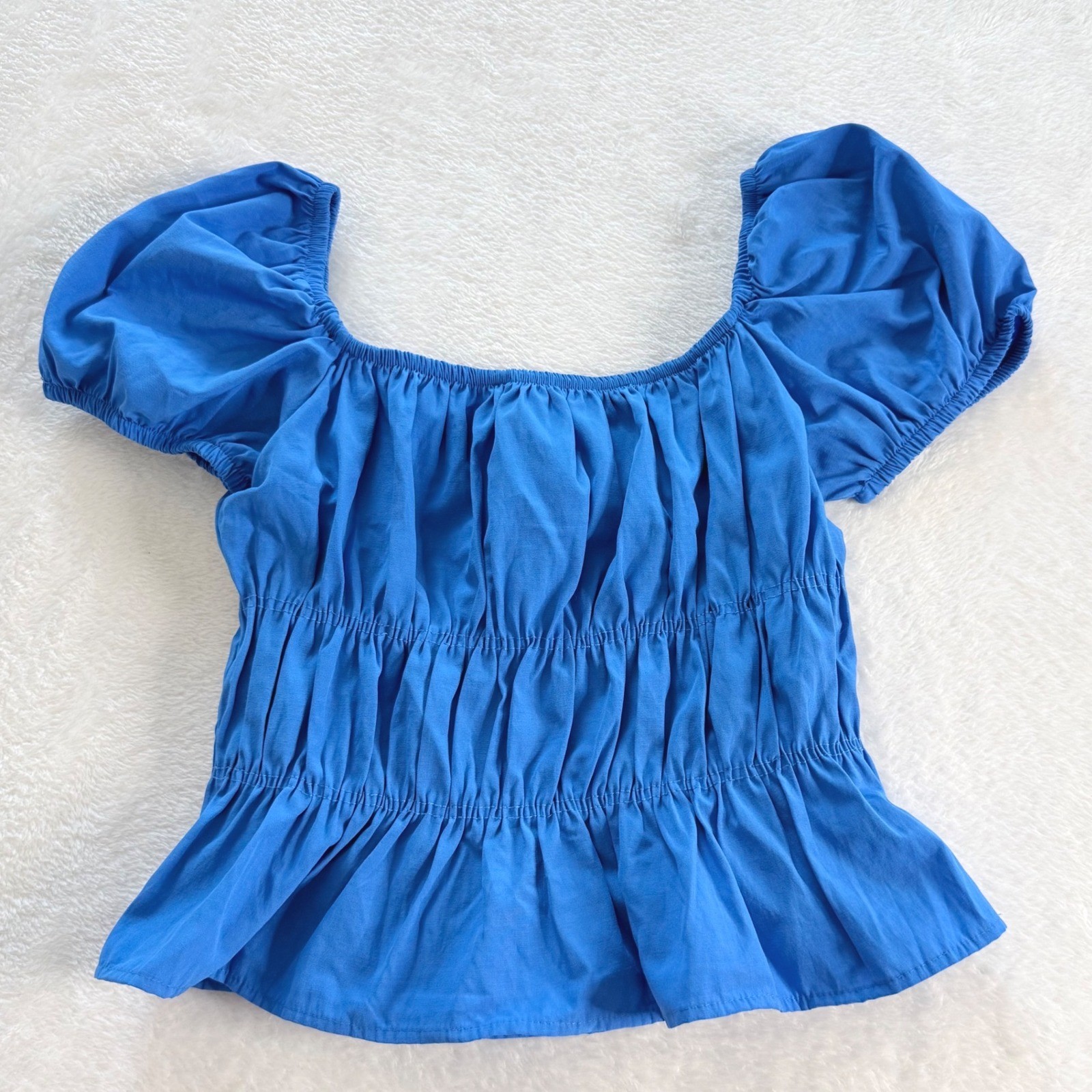 Blue Puff Sleeve Smocked Peplum Blouse Size Small Missing Tag Cottagecore Boho