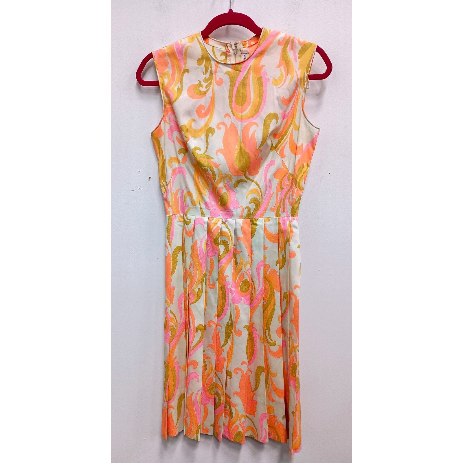 VTG Gay Gibson Dress Womens 4 Pink Orange Floral Psychedelic Sleeveless Pleated