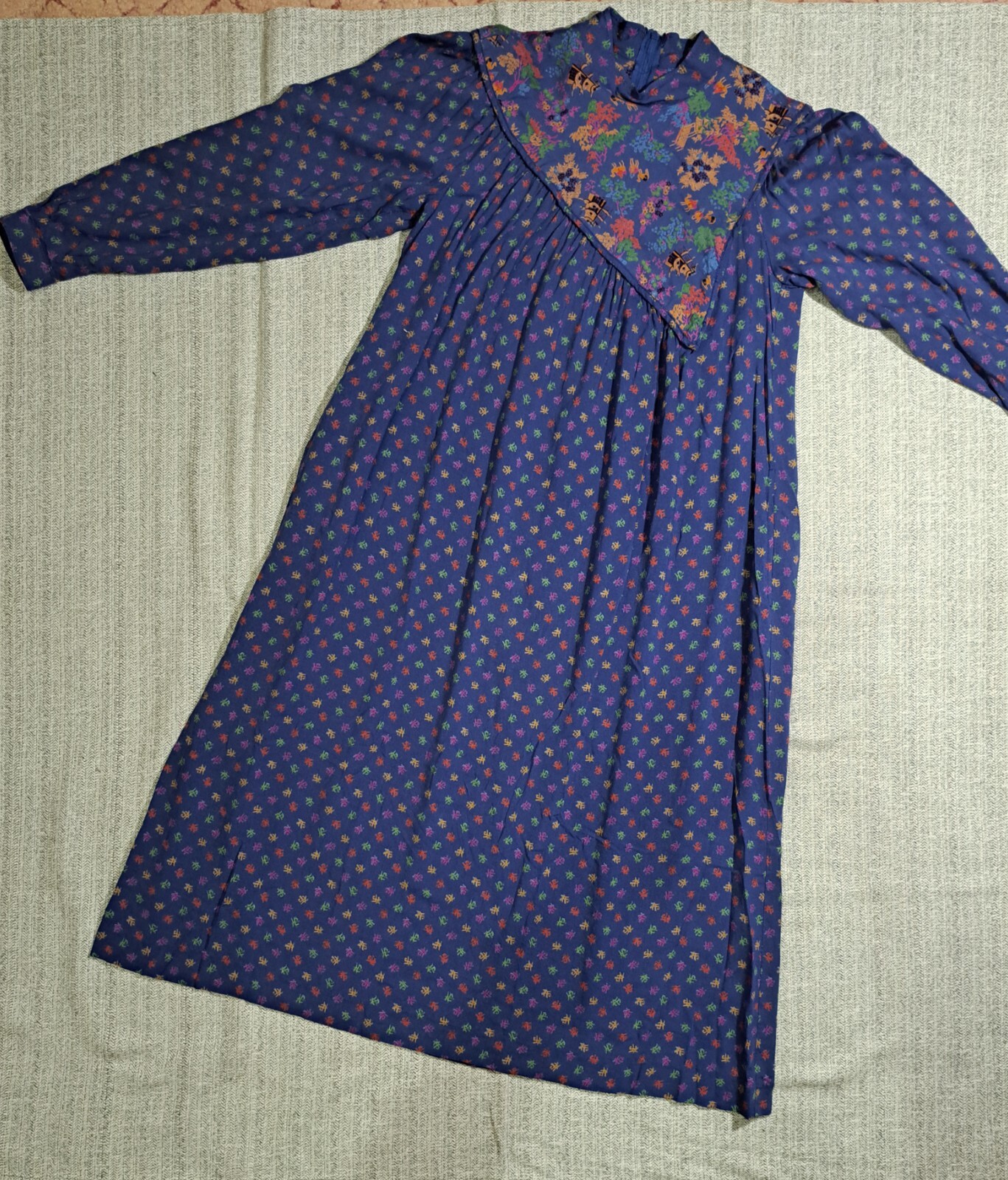 Vtg HUMMELSHEIM 1970s Long Sleeve Stand Collar Asian Pattern Blue Dress Sz 36