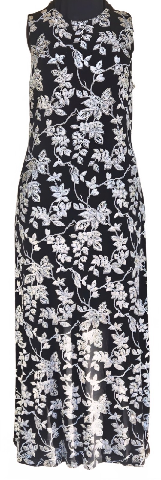 1990s RONNIE NICOLE BY OUIDA Black & Silver Floral Sleeveless Evening Gown Sz 12