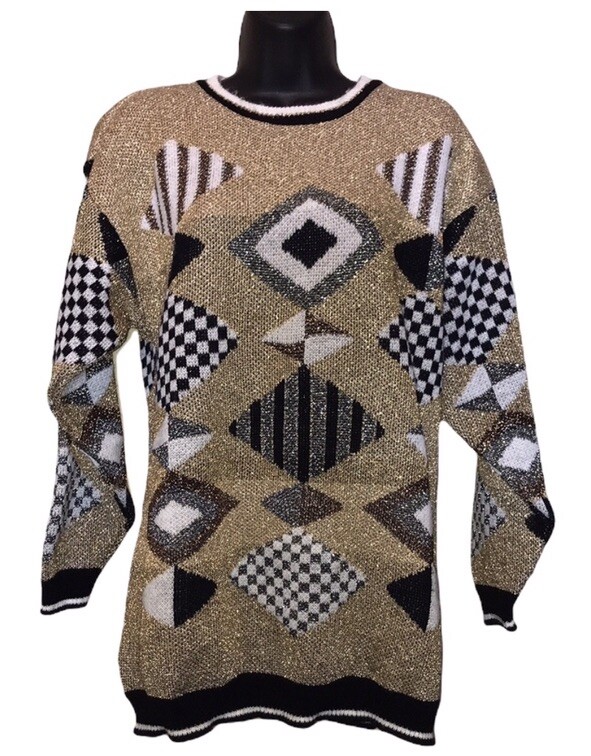 Vtg 80s/90s Beldoch Popper Metallic Geometric Gold/Black Grandma Sweater~Sz L