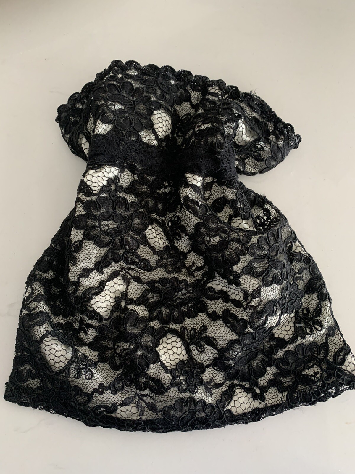VINTAGE LINGERIE CASE BLACK LACE OVER CREAM SATIN CORD TIE W/ SEQUIN TRIM 1980s