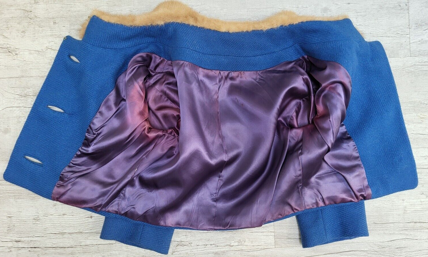 Vintage 1950/60’s Blue Wool Dolman Sleeve Fur Collar Cropped Jacket – Size M