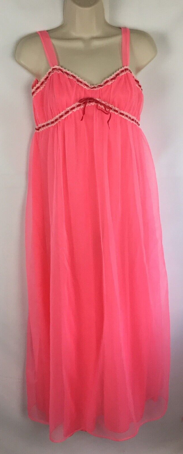 Vtg 60’s Lisette Chiffon Overlay Goddess Nightgown Lingerie 34 Lace Trim