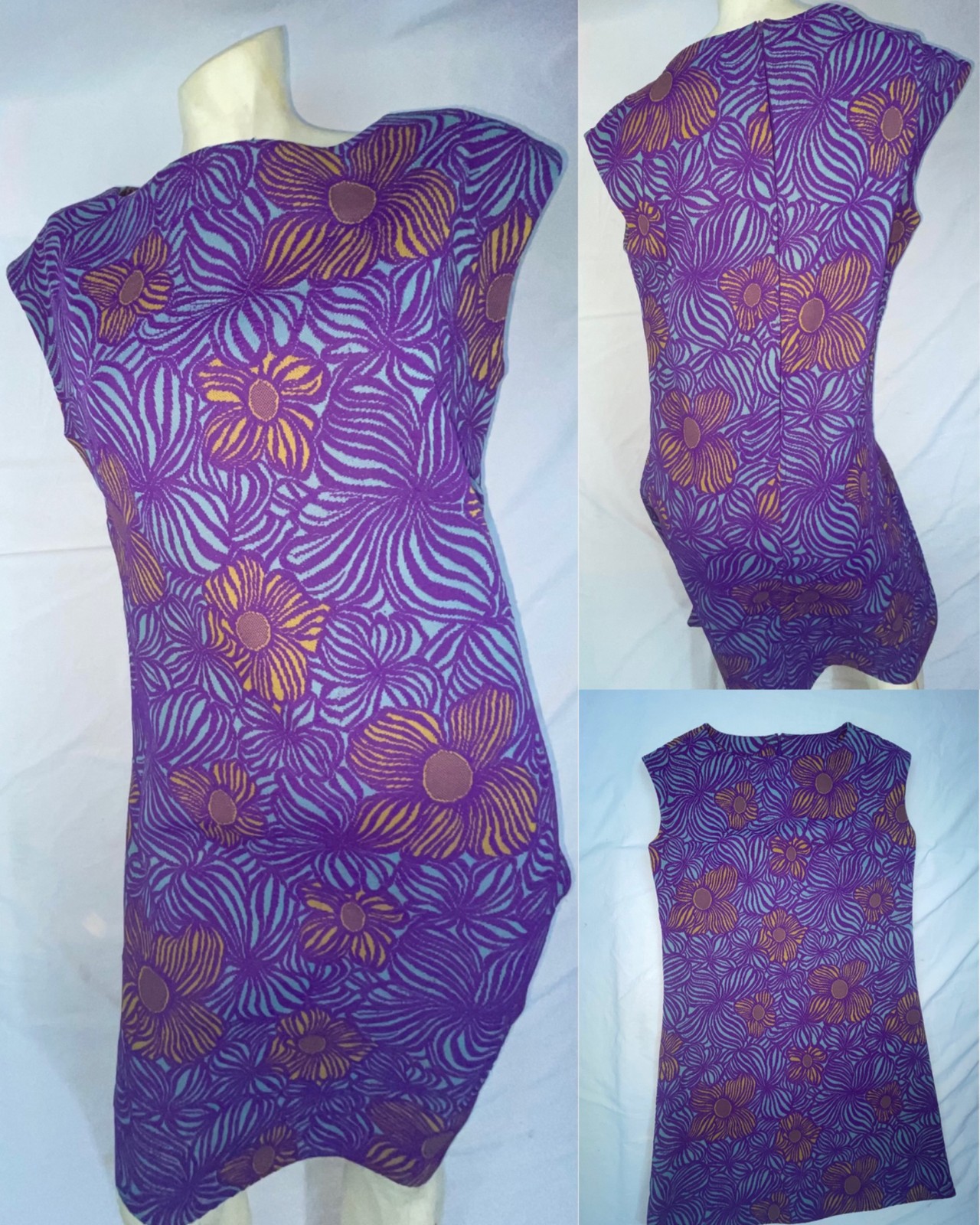 VTG 70S WOMENS SLEEVELESS PURPLE FLOWER FLORAL POLYESTER DISCO RETRO GOGO DRESS