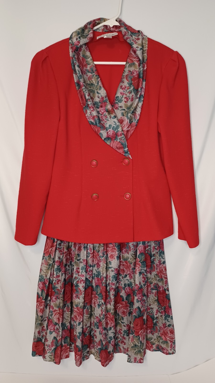 Vintage Pablo Collection Red Rose Jacket Skirt Set USA Size 14 Petite Christmas