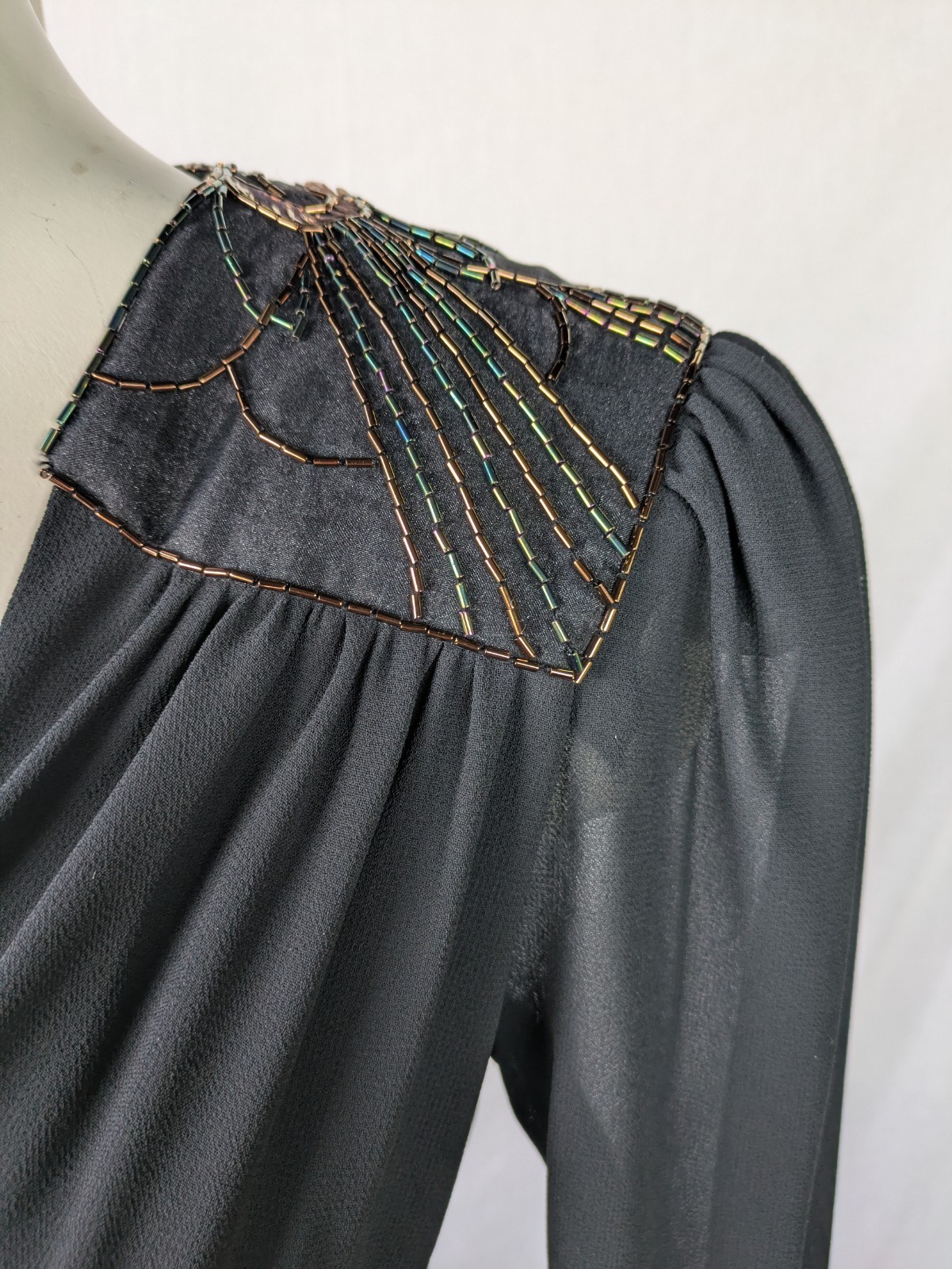 Vintage 80s Casadei Dress Black Hi Lo Hem Ruched Beaded Shoulders Sz 6