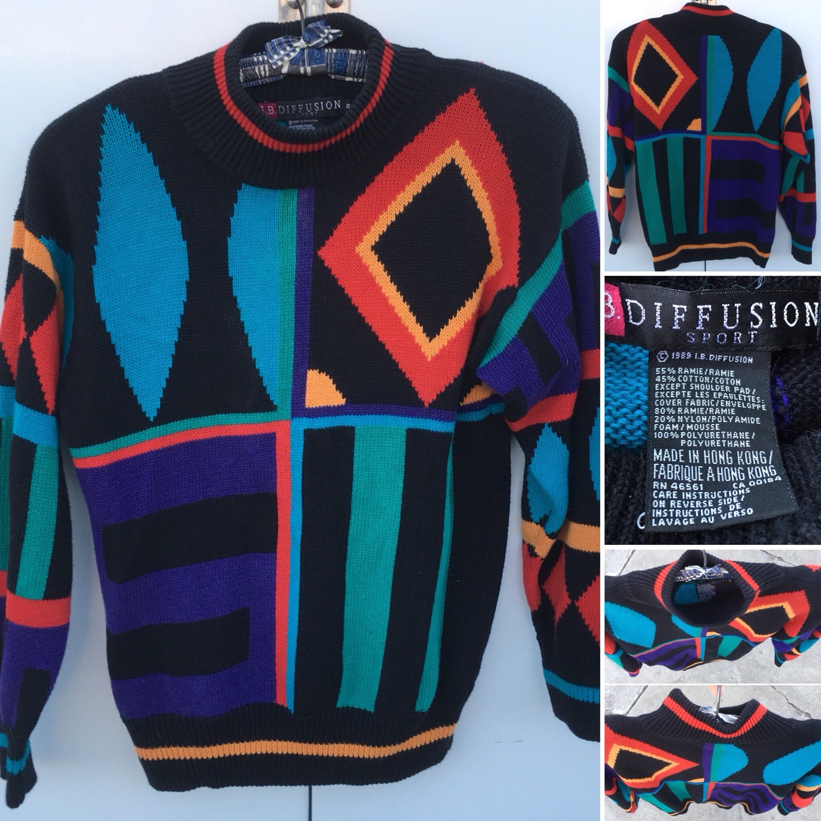 Vintage IB Diffusion Sport Sweater c 1989 Geometic 80s 1980s Size S Small