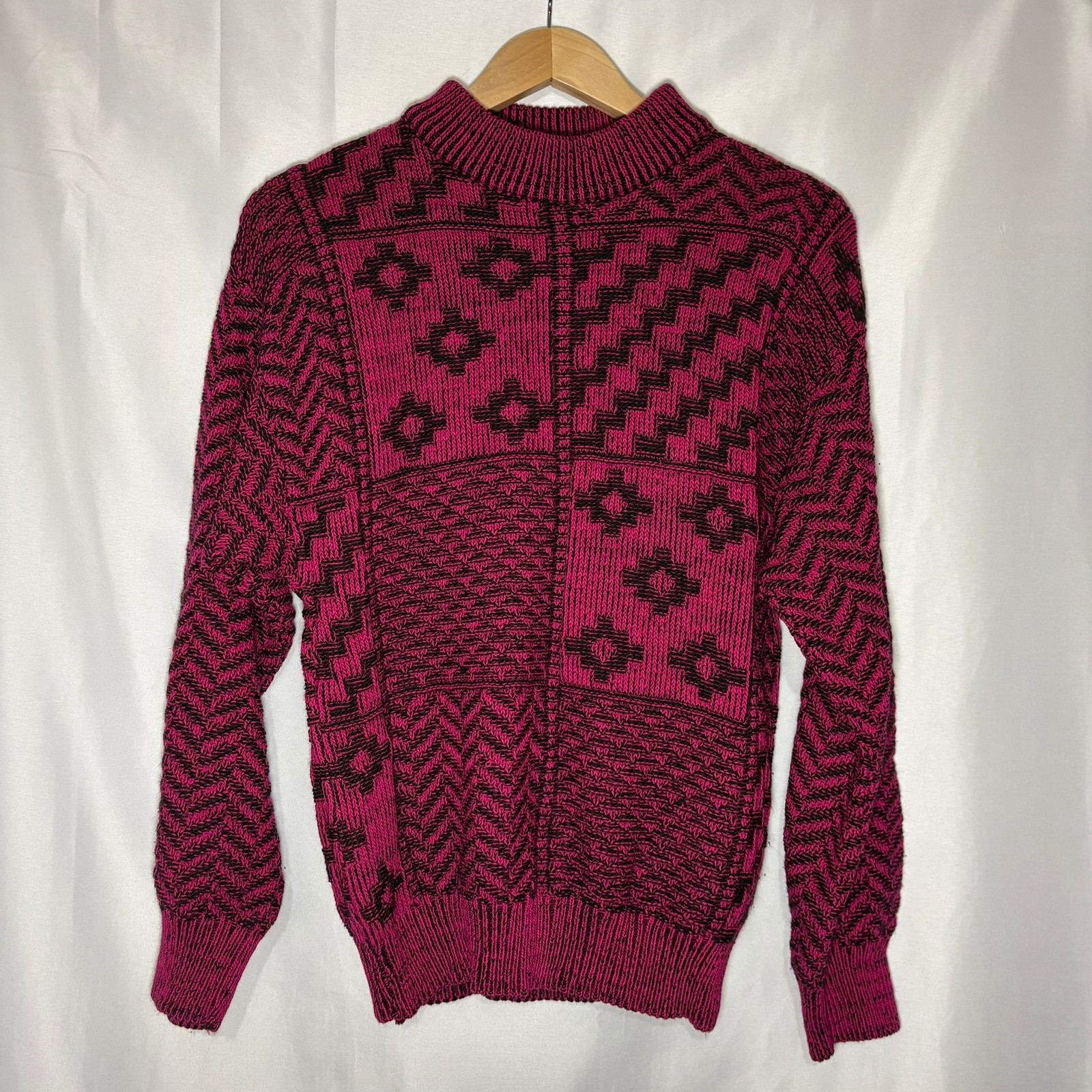 Vintage Lerner Magenta Pink Black Geo Patchwork Heavy Knit Sweater Mock Neck
