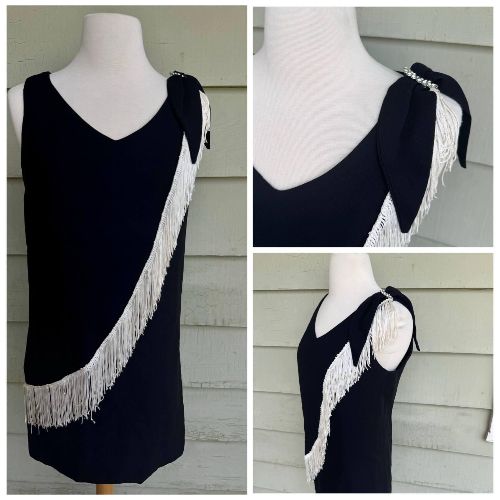 Vintage 60’s Black Sheath Dress White Fringe Size 7 S/M Rhinestone Pin Mod GoGo