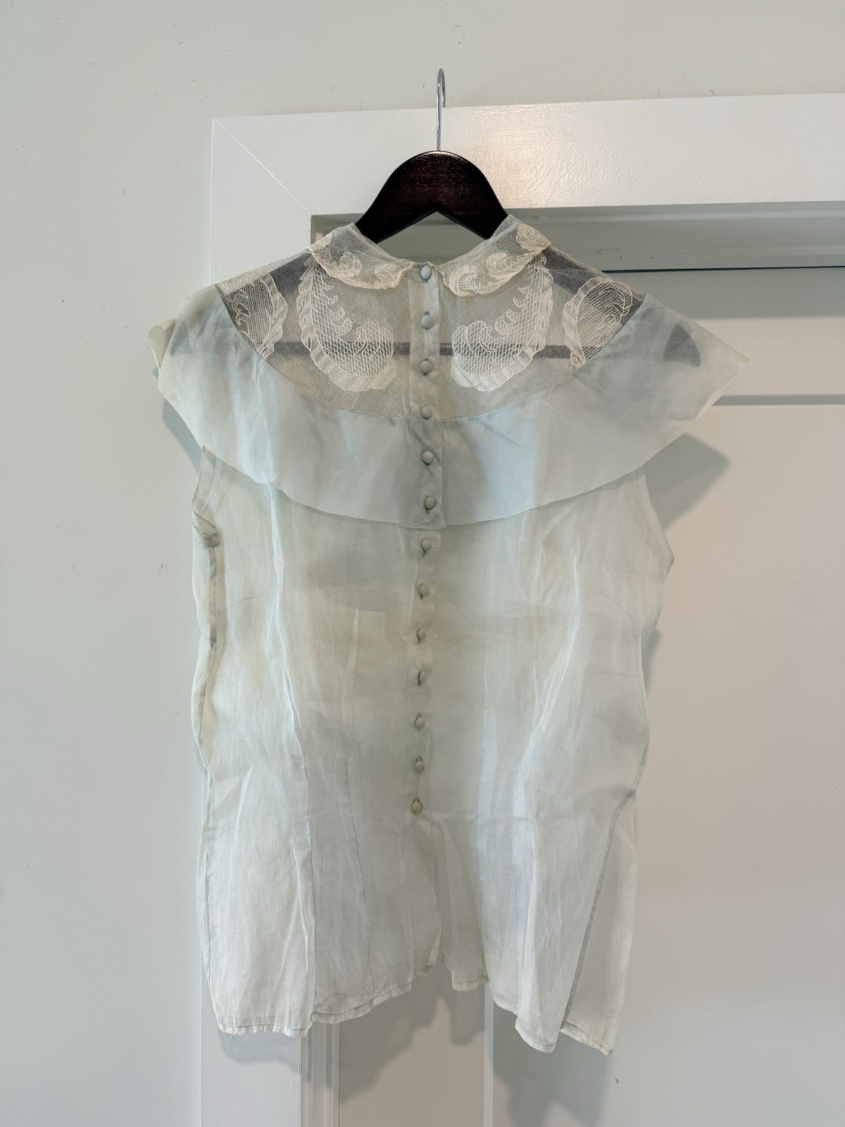 Vintage 1930s Sheer Blue Organdy Blouse Embroidered Lace Ruffle Collar Art Deco