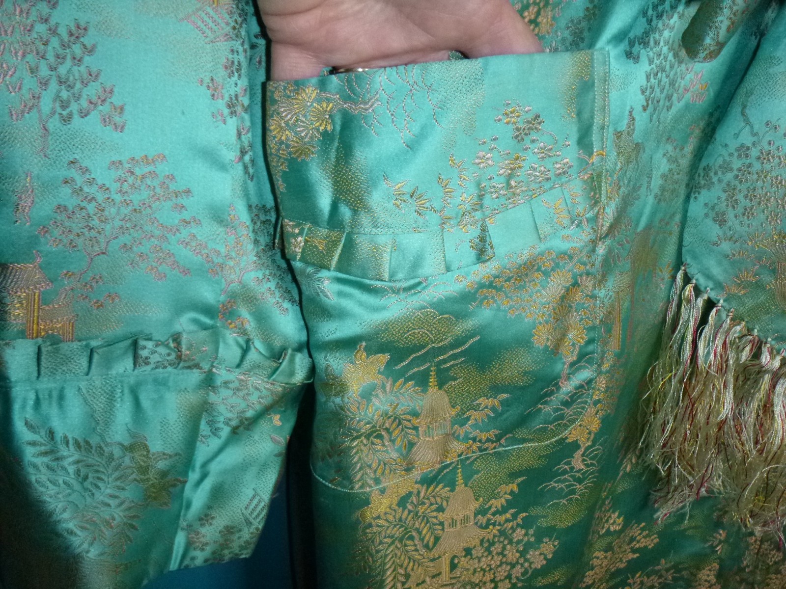 Vtg 40s 50s Aqua & Gold Satin Brocade Robe Dressing Gown Asian Motif Sz S/M